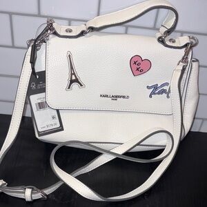 Karl Lagerfeld White Pebbled Leather Crossbody with Pink Heart Patch